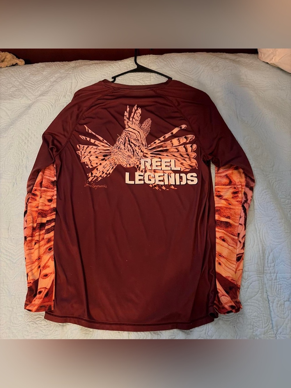 Reel Legends Maroon Long-Sleeve Shirt with Orange Patterned Sleeves